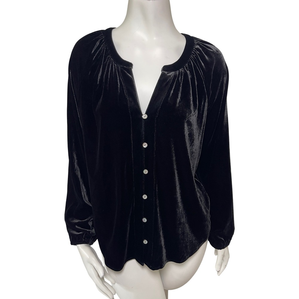 Faherty Black Velvet Button Down Blouse Split Neck Long Sleeve Top Size Medium
